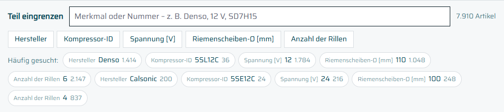 Produktfinder mit Filtern für Spannung, Kältemittel und Anzahl der Rillen