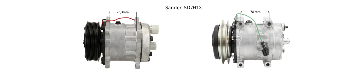 Sanden SD7H13 Klimakompressor mit Riemenscheibe und elektrischer Kupplung, Seitenansicht mit Maßangaben 73,3 mm und 78 mm