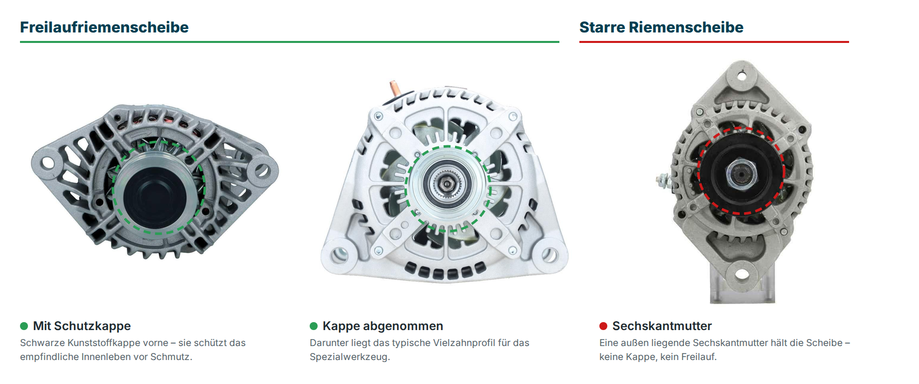 Starre Riemenscheibe und Freilauf-Riemenscheibe einer Lichtmaschine