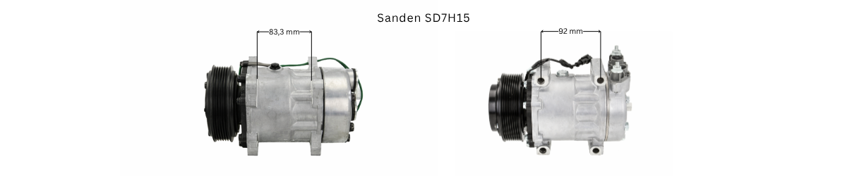 Sanden SD7H15 Klimakompressor mit Mehrfachriemenscheibe und Anschlussleitungen, Seitenansicht mit Maßangaben 83,3 mm und 92 mm
